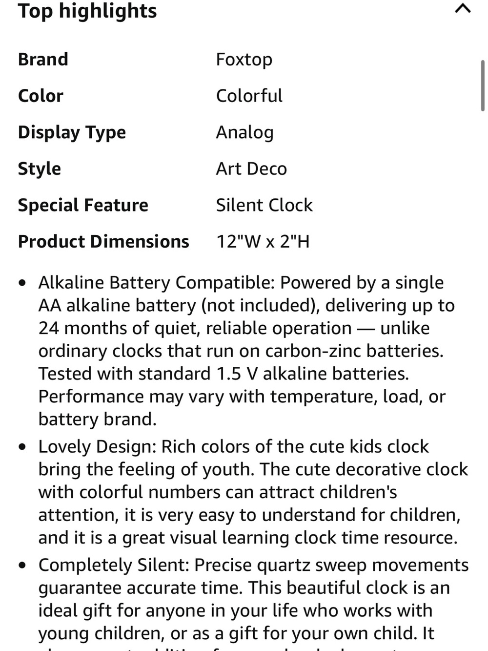 Foxtop 12" Silent Kids Wall Clock Colorful 3D Numbers Playroom Classroom NEW⁠ - Picture 15 of 16